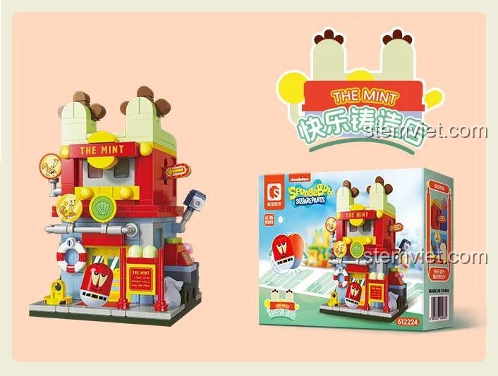 Hộp bộ đồ chơi SEMBO 612224 Cửa hàng The Mint Spongebob, đồ chơi lắp ráp Spongebob cho bé 6 tuổi, chất lượng cao.