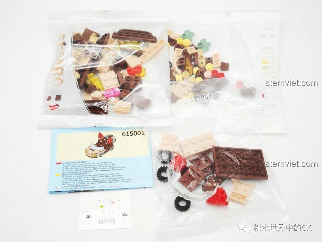 Các mảnh ghép và hướng dẫn lắp ráp của bộ đồ chơi Sembo 615001 Xe Dâu Tây Donut, sẵn sàng cho quá trình lắp ráp.