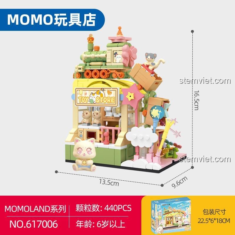 Hộp đồ chơi mô hình SEMBO 617006 Cửa hàng đồ chơi MOMO, hiển thị kích thước mô hình và hộp, 440 chi tiết, phù hợp bé gái 6 tuổi.