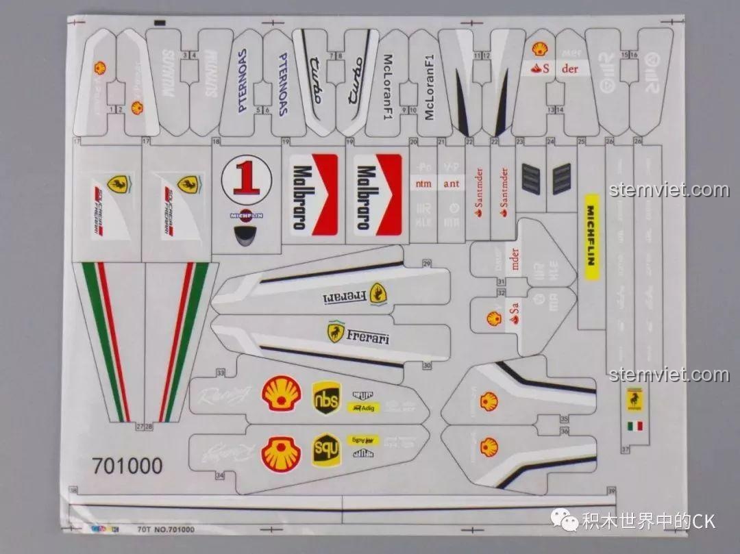 Tờ decal chất lượng cao của Mô hình Ferrari F1 RC 701000 với nhiều logo nhà tài trợ.