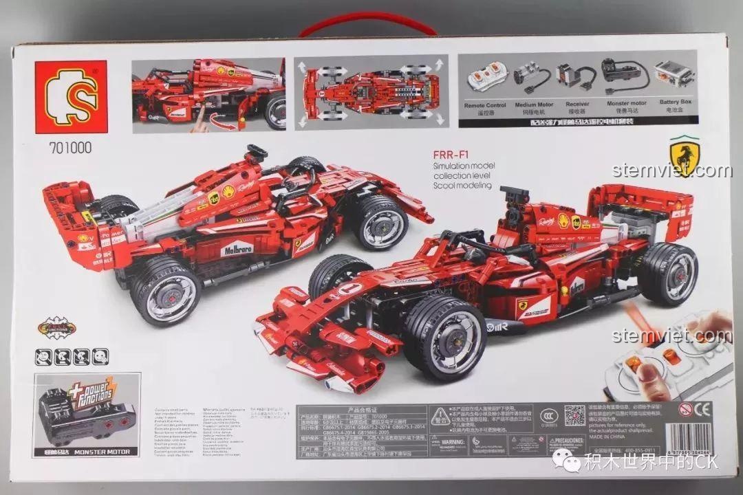 Mặt sau hộp đồ chơi điều khiển từ xa Siêu xe đua F1 Sembo 701000, mô tả các góc nhìn của xe.