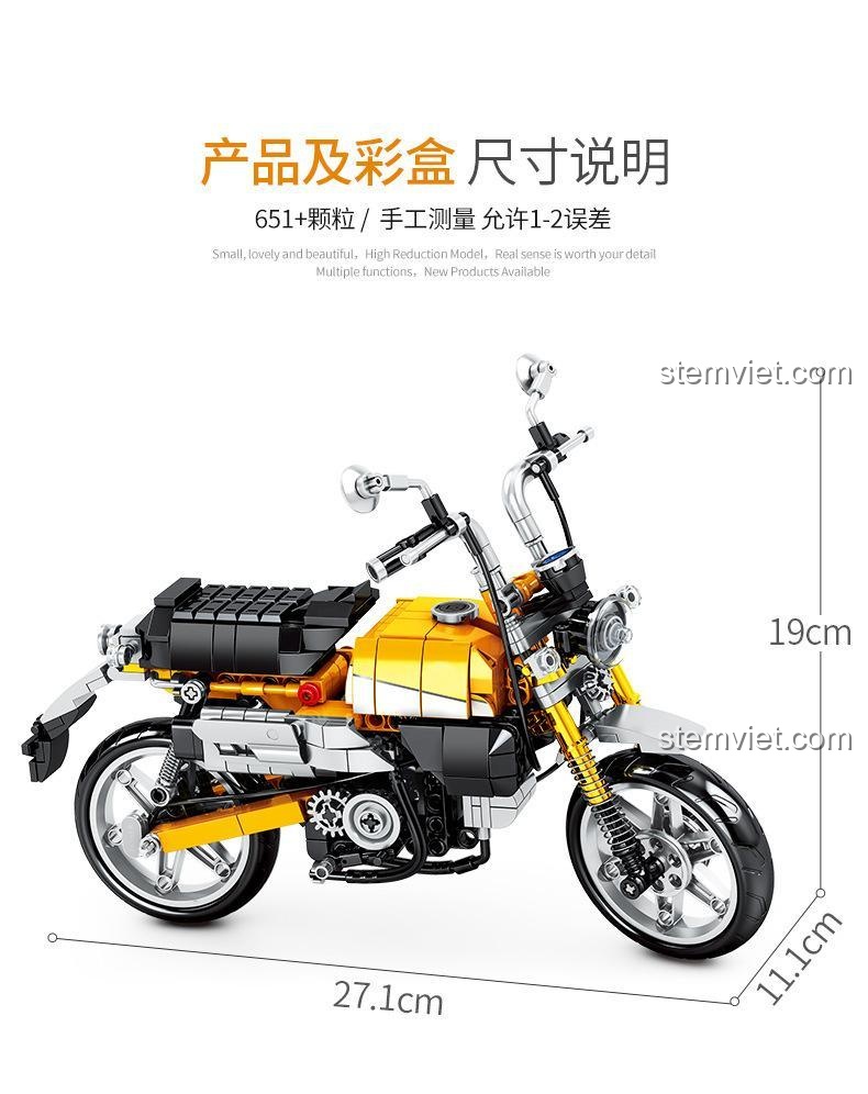 Kích thước chi tiết của đồ chơi mô hình Xe mô tô mini Honda Monkey 701605, một bộ xếp hình Sembo chất lượng.