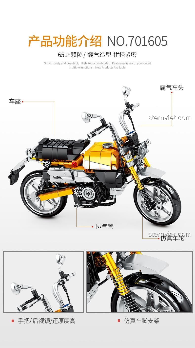 Các tính năng chi tiết của bộ lắp ráp Mô hình Honda Monkey Sembo, bao gồm yên xe, ống xả và bánh xe.