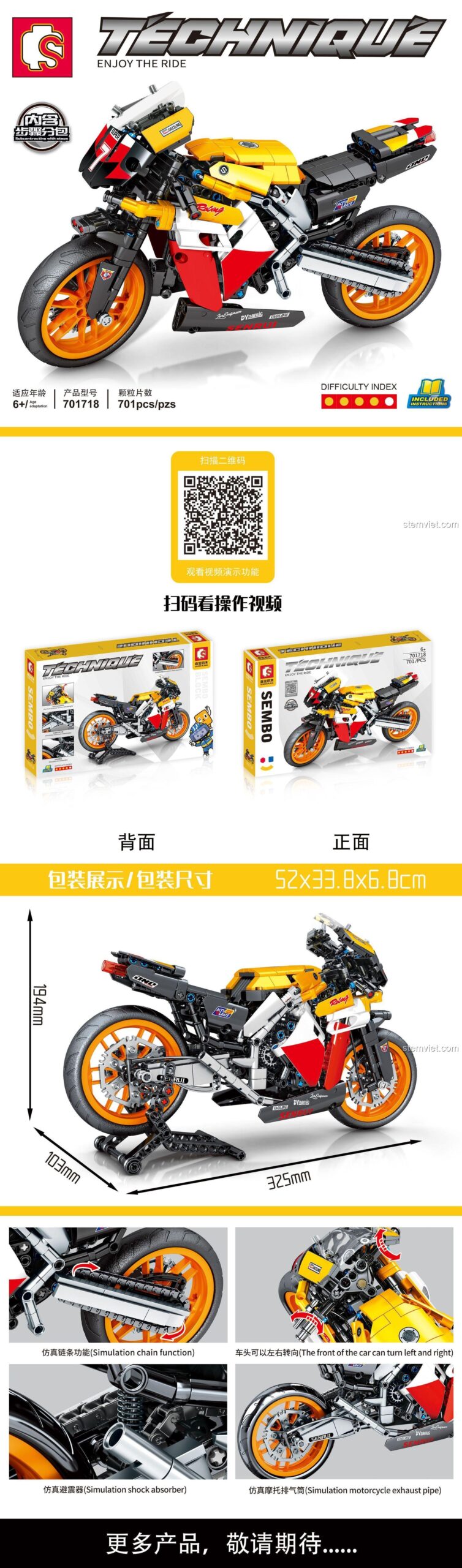 Hộp đồ chơi lắp ghép mô tô Technic SEMBO 701718, hiển thị kích thước mô hình và hộp, tính năng đầu xe bẻ lái và giảm xóc mô phỏng, phù hợp bé trai 6 tuổi.