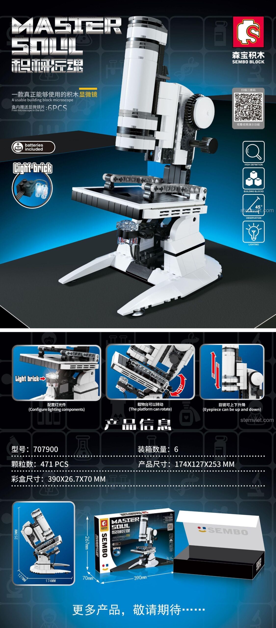 Hộp đồ chơi mô hình Kính hiển vi 707900 SEMBO, thể hiện các tính năng đèn LED, xoay và điều chỉnh, phù hợp cho bé 6 tuổi, giá tiết kiệm.