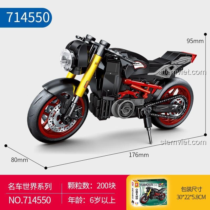 Hộp bộ xếp hình Mô tô BK2 SEMBO 714550, hiển thị kích thước hộp 30x22x5.8 cm và số chi tiết 200 mảnh, đồ chơi xây dựng giá rẻ cho bé trai.