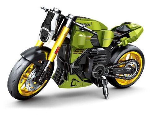 Bộ lắp ráp Mô tô BK2 SEMBO 714551 màu xanh lá, đen và vàng, thiết kế mạnh mẽ, phù hợp cho bé trai 6 tuổi, giá tốt.
