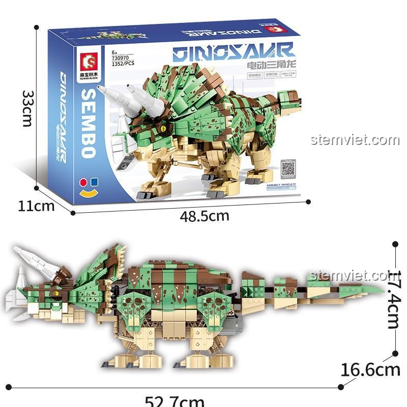 Kích thước mô hình Khủng Long Ba Sừng Sembo 730970, đồ chơi lắp ráp khủng long Triceratops điều khiển từ xa, thể hiện chi tiết kích thước.