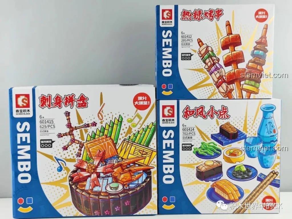 Ba hộp bộ lắp ráp SEMBO Ẩm thực Nhật Bản 601412, 601414, 601415 với thiết kế bắt mắt, hứa hẹn bữa tiệc lắp ráp đầy màu sắc.