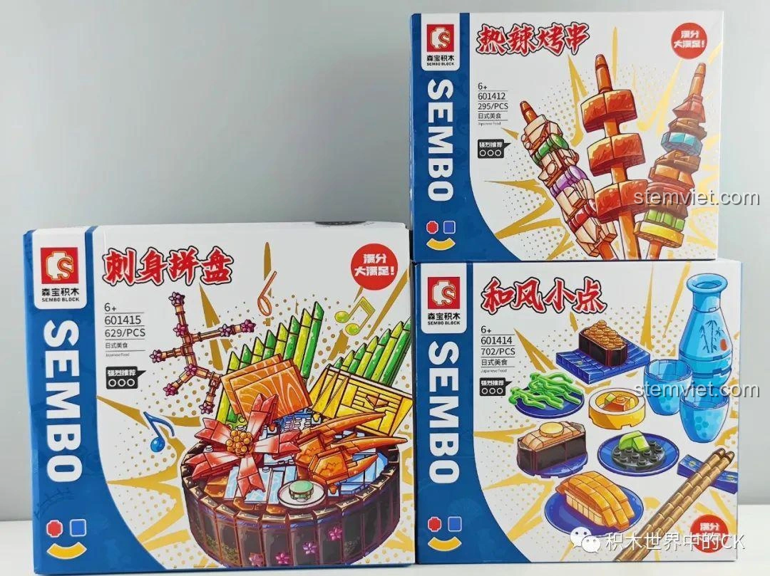 Ba hộp bộ lắp ráp SEMBO Ẩm thực Nhật Bản 601412, 601414, 601415 với thiết kế bắt mắt, hứa hẹn bữa tiệc lắp ráp đầy màu sắc.