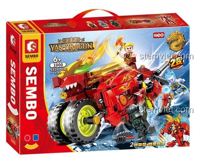 Hộp bộ lắp ráp Sembo Block 1000 Mô tô Rồng Lửa biến hình, đồ chơi mô hình Robot Rồng Lửa cho bé trai 6 tuổi, chất lượng cao.