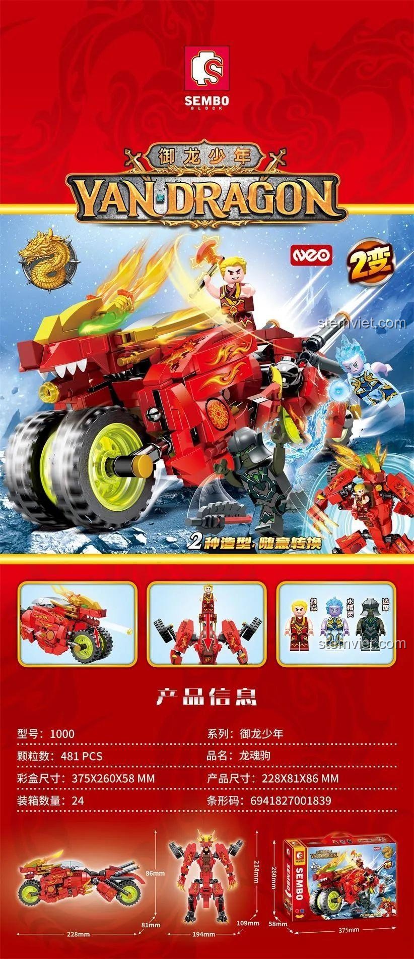 Thông tin chi tiết bộ lắp ráp Sembo Block 1000 Mô tô Rồng Lửa biến hình, đồ chơi mô hình Robot Rồng Lửa 481 chi tiết, phù hợp bé trai 6 tuổi.