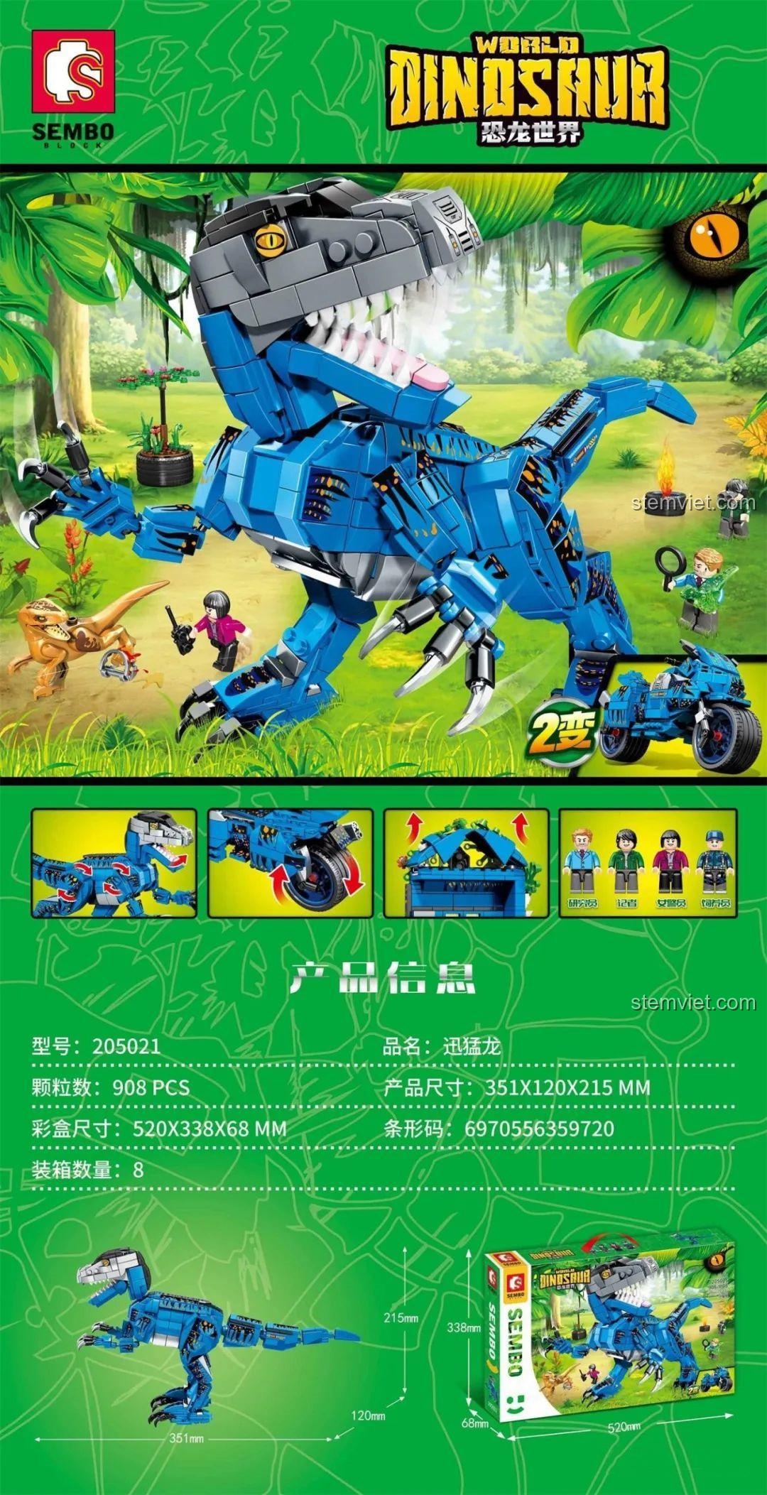 Đồ chơi mô hình Sembo Block 205021 Khủng long Xung Mãnh Long với 908 chi tiết, có minifigure và mô tô đi kèm, đồ chơi sáng tạo cho bé trai.