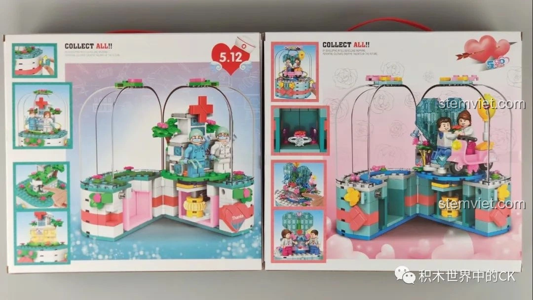 Mặt sau hộp đồ chơi lắp ráp SEMBO Block 601100 và 601133 Hộp Xoay Phát Sáng Tình Yêu, hiển thị tính năng.