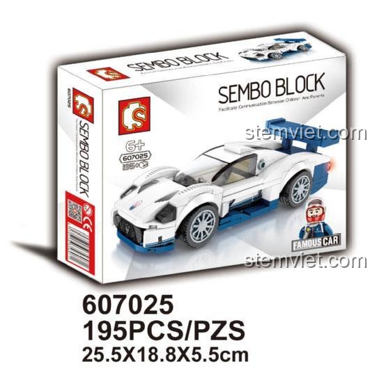Hộp sản phẩm bộ xếp hình Sembo Block 607025, mô hình xe đua Maserati MC12 với 195 mảnh ghép, phù hợp làm quà tặng cho bé trai.