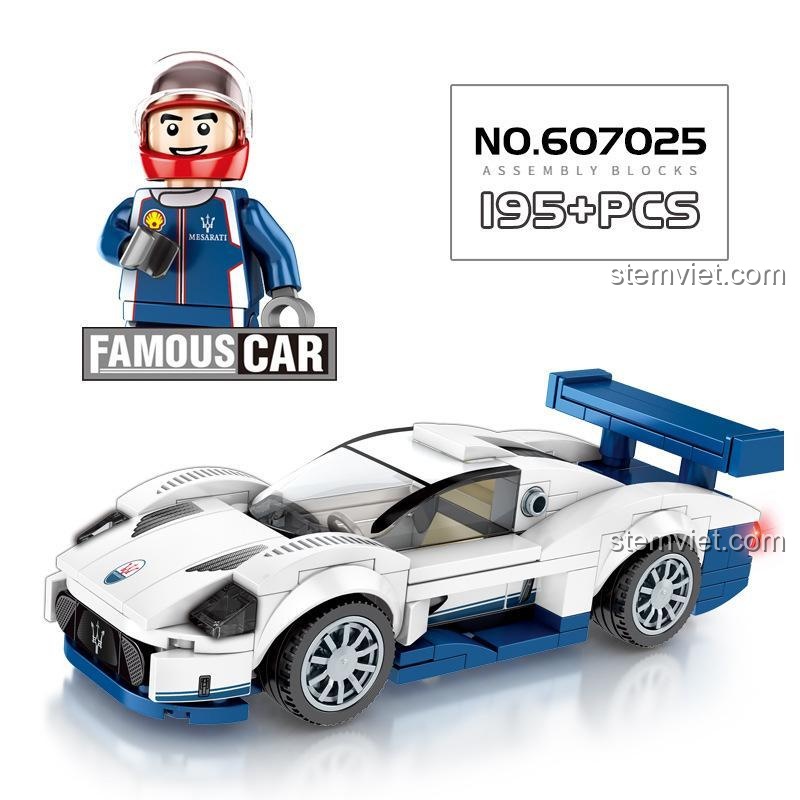 Hộp trưng bày các mẫu xe trong dòng Famous Car của Sembo Block, bao gồm nhiều mẫu siêu xe khác nhau.