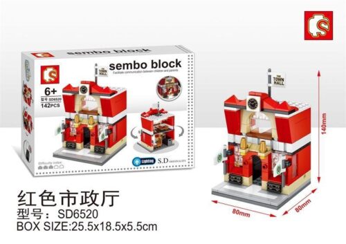 Hộp và mô hình hoàn chỉnh của bộ lắp ghép Tòa Thị Chính Sembo Block SD6520, một đồ chơi mô hình SD6520 hấp dẫn cho bé trai 6 tuổi, lựa chọn giá tốt.
