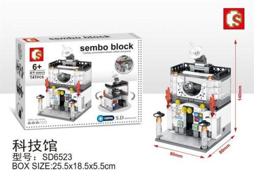 Bộ lắp ghép Sembo SD6523 mô hình Bảo tàng Khoa học Công nghệ mini cho bé trai 6 tuổi, giá rẻ. Ảnh chụp sản phẩm và vỏ hộp.