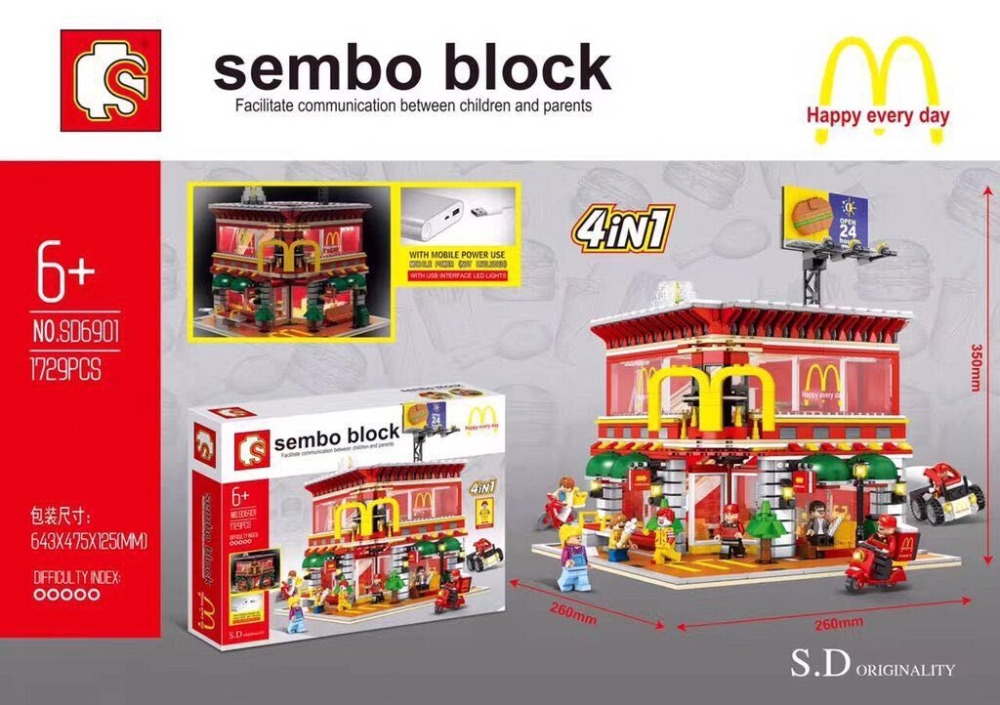 Ảnh chụp bộ lắp ráp Cửa hàng McDonald's Sembo Block SD6901 hoàn chỉnh với hộp sản phẩm, mô hình 4 trong 1 và các minifigure. Đồ chơi cho bé 6+ tuổi.