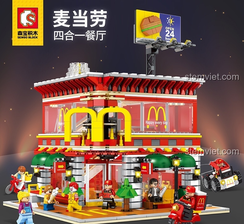 Hình ảnh bộ đồ chơi mô hình Sembo Block SD6901 Cửa hàng McDonald's với hộp và mô hình lắp ráp hoàn chỉnh, giá tốt.