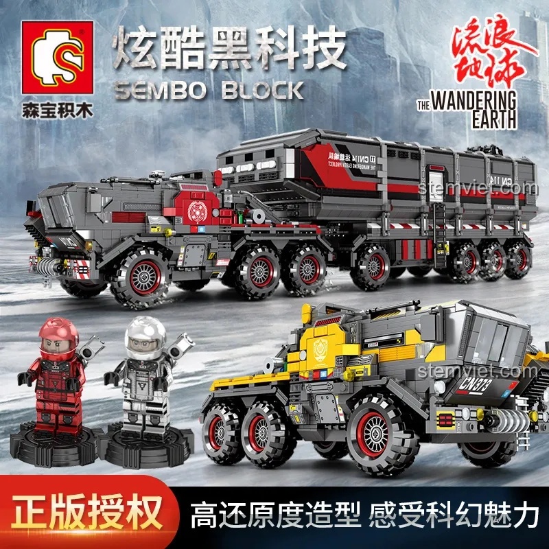 Tổng quan các mẫu xe chiến đấu và minifigures trong bộ xếp hình SEMBO The Wandering Earth, thể hiện sự đa dạng và độ chi tiết cao.