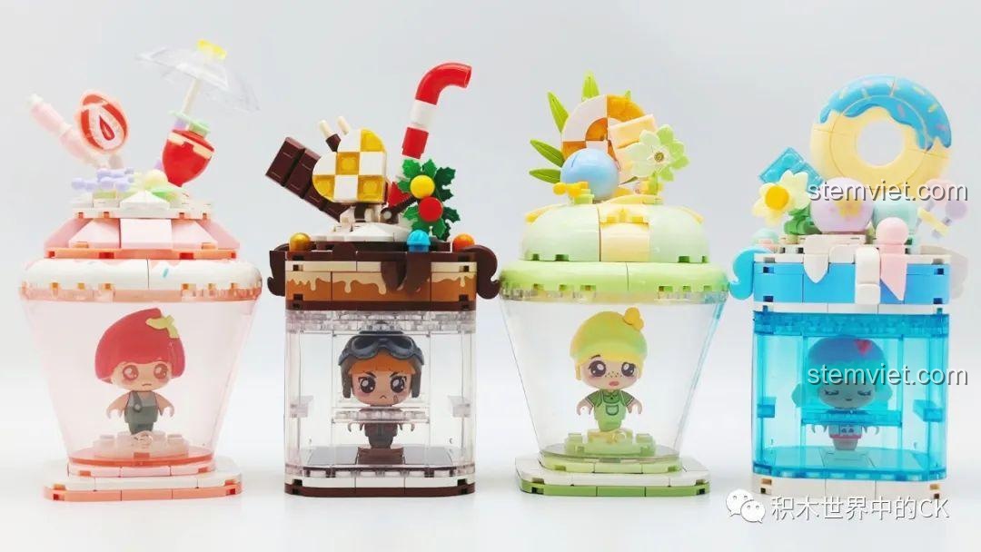 Ảnh chụp toàn bộ 4 mô hình SEMBO Candy Planet: Dâu Tây 615011, Socola 615012, Trà Xanh 615013, Đại Dương 615014. Đồ chơi lắp ghép cho bé gái.