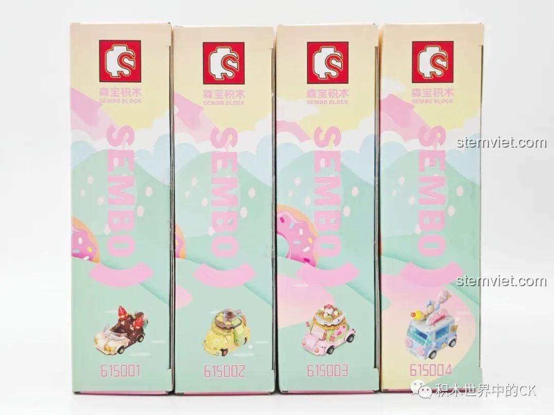 Mặt bên của 4 hộp đồ chơi lắp ráp Sembo Candy Planet series xe kẹo ngọt, thể hiện số hiệu sản phẩm 615001-615004.