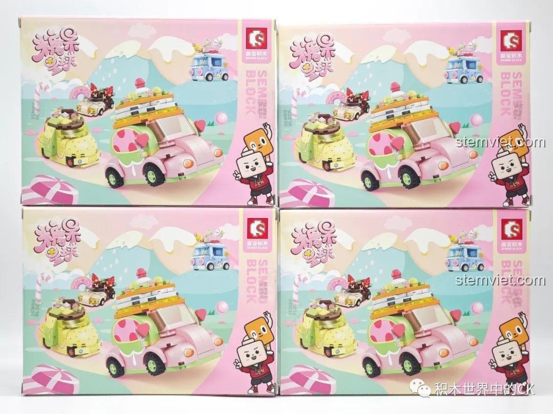 Bốn hộp đồ chơi lắp ráp Sembo Candy Planet series xe kẹo ngọt xếp cạnh nhau, hiển thị mặt trước với hình ảnh minh họa sống động.
