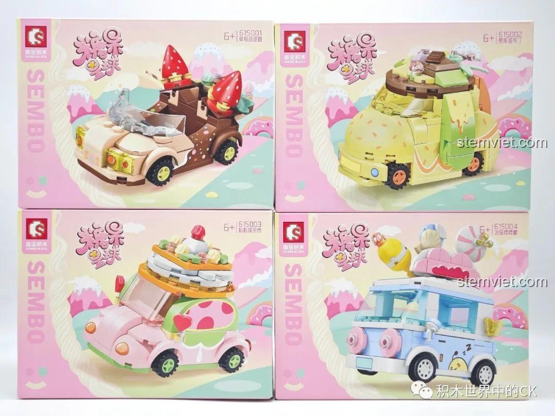 Bộ 4 hộp đồ chơi lắp ráp Sembo Candy Planet series xe kẹo ngọt, bao gồm xe dâu tây donut, mousse pudding, matcha và kẹo mút.