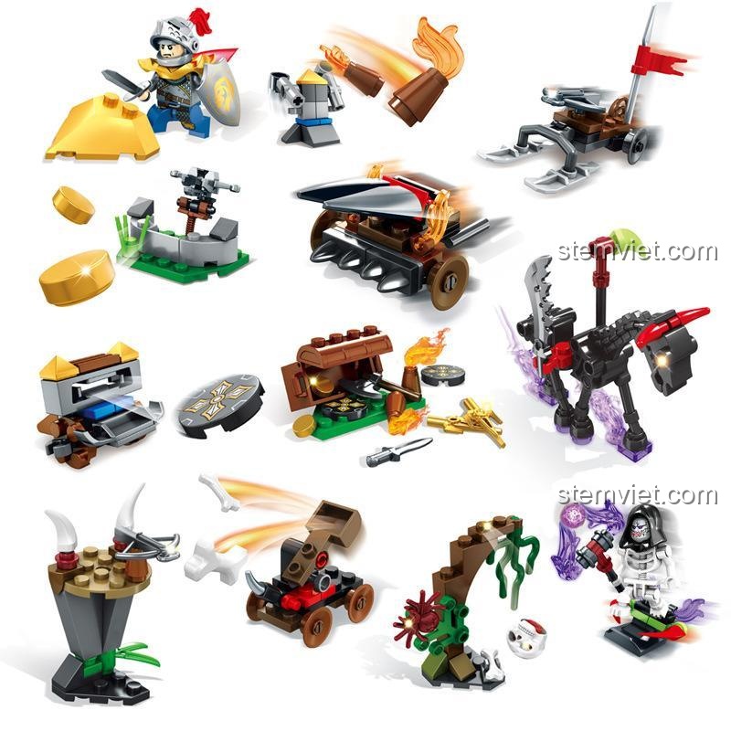 Toàn bộ 12 mô hình trong set đồ chơi Sembo SD3001 Ghost Tribes, bao gồm hiệp sĩ, bộ xương ngựa, vũ khí và đạo cụ trung cổ.