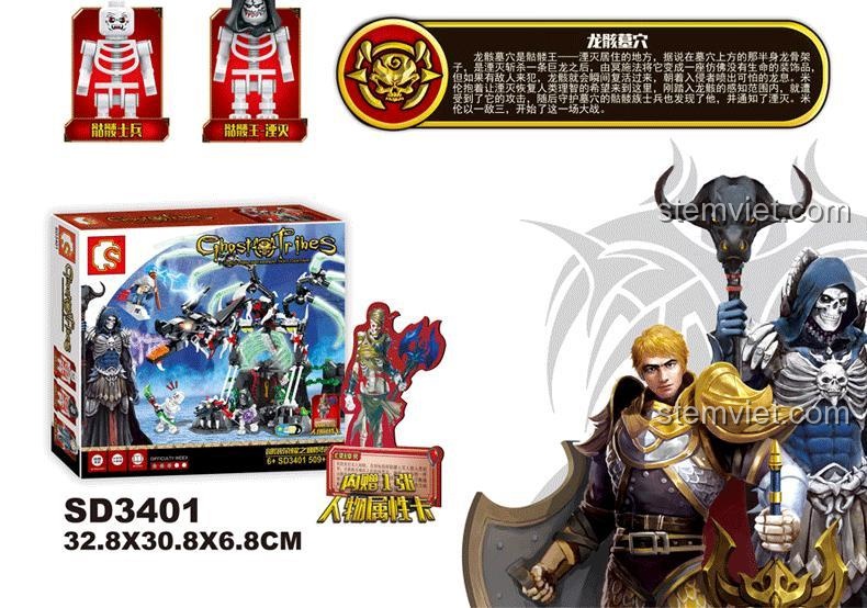 Chi tiết các nhân vật và kích thước hộp của bộ đồ chơi Sembo 3401 Pháo Đài Bộ Lạc Ma.