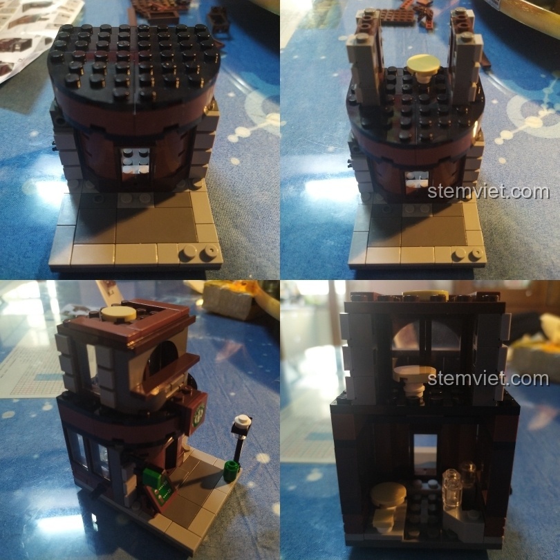 Ảnh review thực tế bộ xếp hình Tiệm Cà Phê Phố Ngày Lễ SEMBO SD6013 sau khi lắp xong, đặt cạnh hộp.