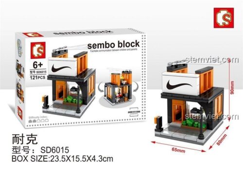 Kích thước bộ lắp ghép Tiệm giày Nike mini 6015, cao 9cm, dài 8cm. Sản phẩm đồ chơi mô hình Sembo chính hãng.