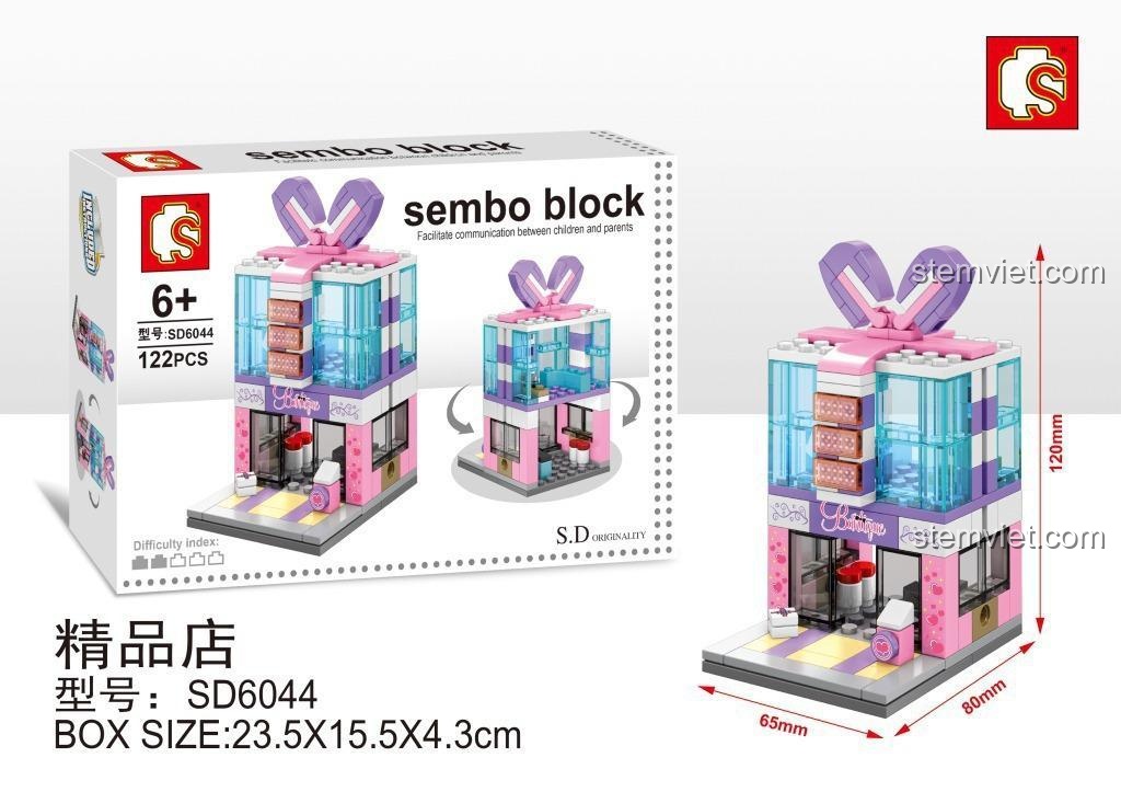 Hộp đồ chơi xếp hình SEMBO SD6044 và kích thước chi tiết của mô hình Tiệm quà lưu niệm, món quà ý nghĩa cho bé gái
