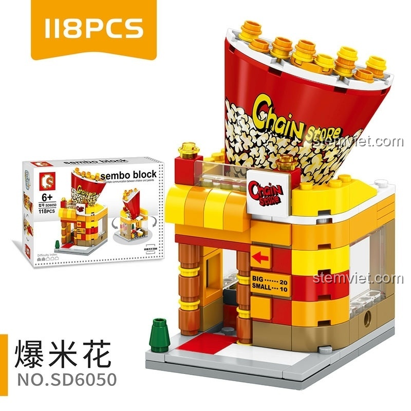 Mô hình Cửa hàng Bắp Rang Bơ Sembo SD6050, 118 mảnh, tương thích LEGO.
