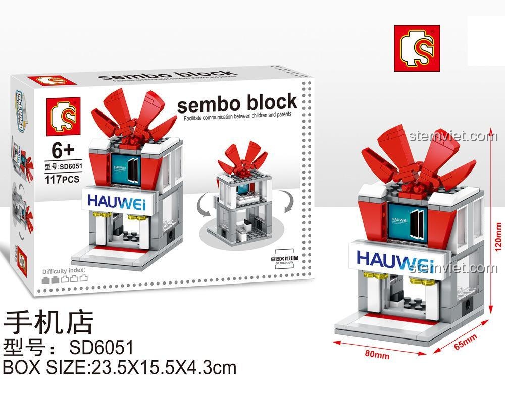 Kích thước chi tiết của đồ chơi xếp hình SEMBO SD6051 Cửa hàng điện thoại mini, cao 12cm, phù hợp cho con gái.