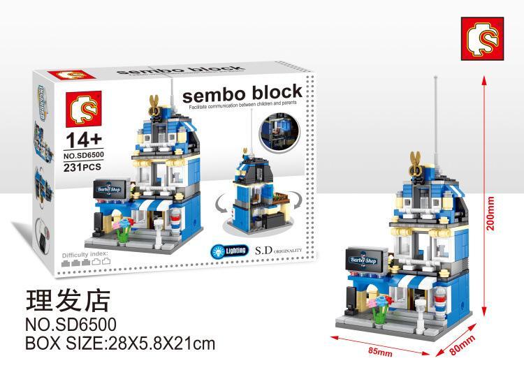 Bộ lắp ráp Tiệm cắt tóc mini Sembo SD6500 giá rẻ cho con trai 14 tuổi, mô hình có đèn LED.