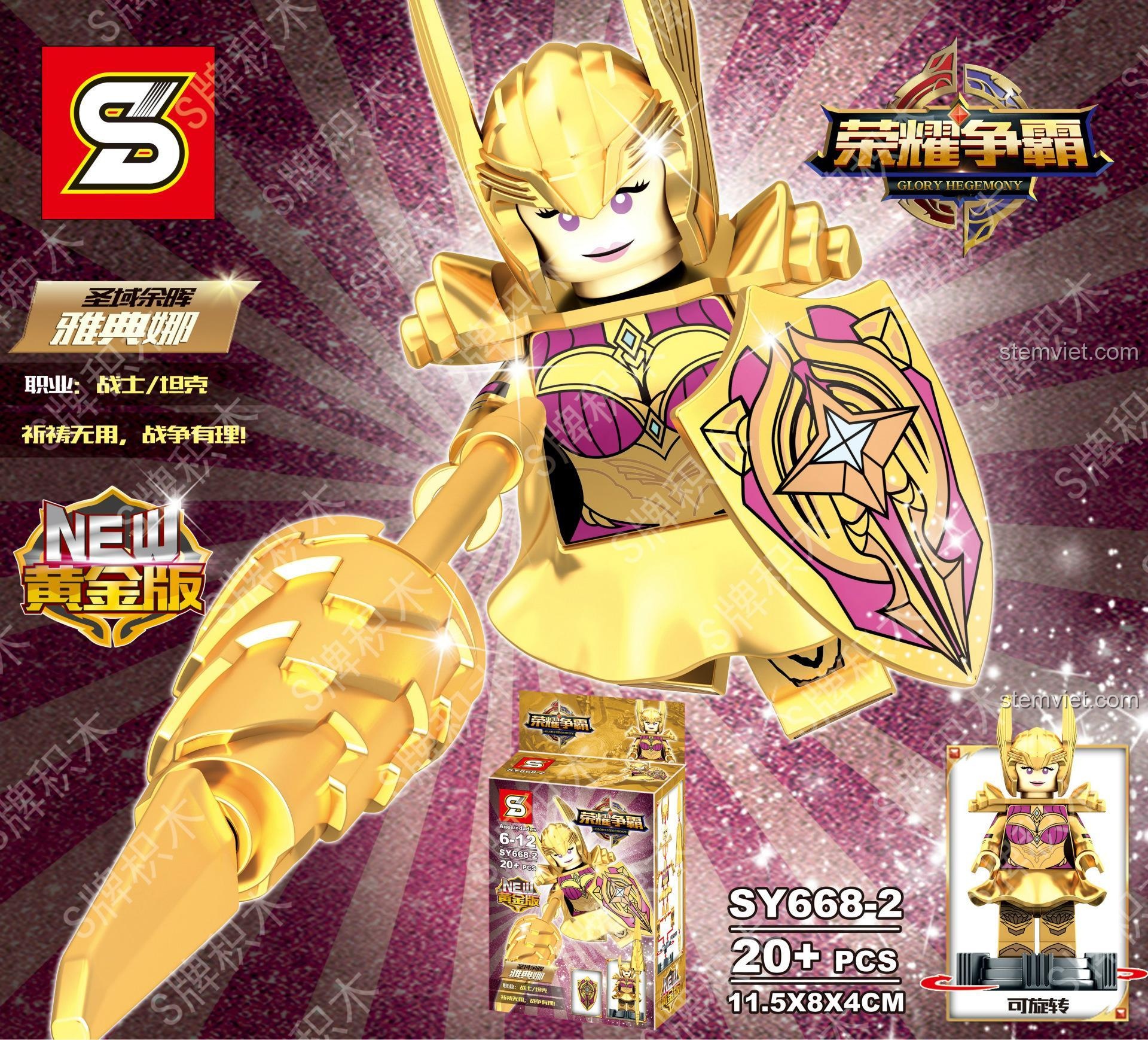 Toàn bộ sưu tập 8 minifigure Sheng Yuan SY668 Vương Giả Vinh Diệu phiên bản vàng, bao gồm cả mô hình Athena SY668-2 cho bé gái 6 tuổi.