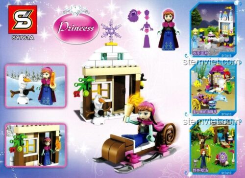 Chi tiết mô hình đồ chơi xếp hình Frozen Sheng Yuan 761A, bao gồm minifigure Anna, Olaf, xe trượt tuyết và cửa hàng.