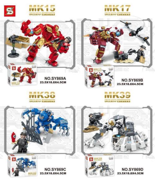 Cận cảnh bộ lắp ráp Bộ Giáp Heartbreaker SY869B của Sheng Yuan, đi kèm minifigure và phụ kiện.