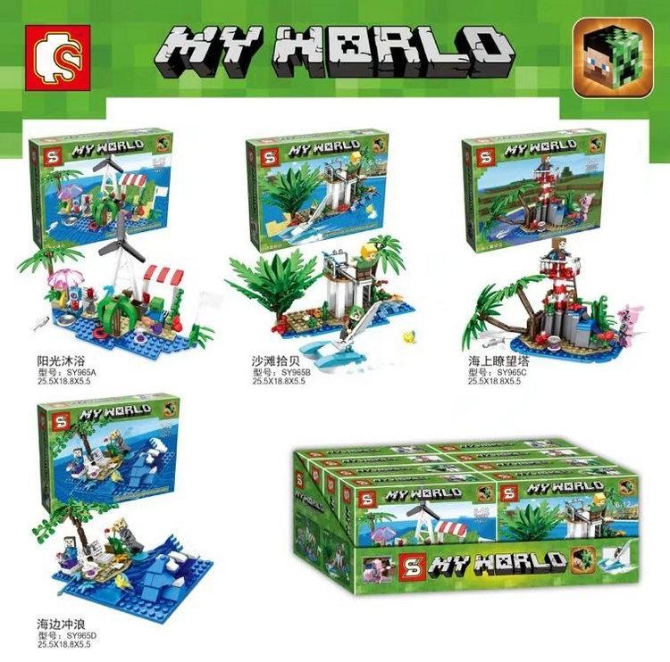Bộ lắp ráp Sheng Yuan SY965B chủ đề Minecraft cảnh bãi biển nhặt vỏ sò giá rẻ cho bé trai 6 tuổi.
