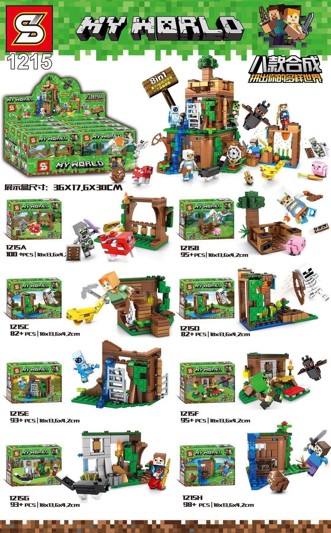Toàn cảnh bộ lắp ráp Shengyuan 1215 Thế giới Minecraft 8 trong 1 với 738 mảnh ghép, phù hợp cho con trai 6 tuổi. Bao gồm 8 hộp nhỏ và mô hình đại cảnh kết hợp.