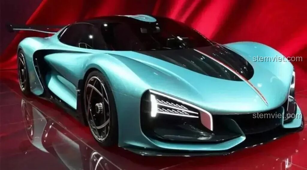 Hình ảnh concept của siêu xe Hồng Kỳ S9 ngoài đời thực với màu xanh ngọc và thiết kế khí động học ấn tượng.