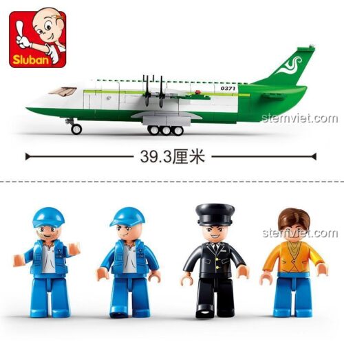 Kích thước đồ chơi mô hình Máy bay vận tải Sluban B0371 dài 39.3cm và 4 minifigures đi kèm.