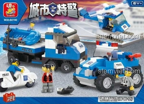 Ảnh hộp chính của bộ lắp ráp Sluban M38-B0190 Đội Đặc Nhiệm Thành Phố, với hình ảnh xe cảnh sát, trực thăng, thuyền, giá tiết kiệm.