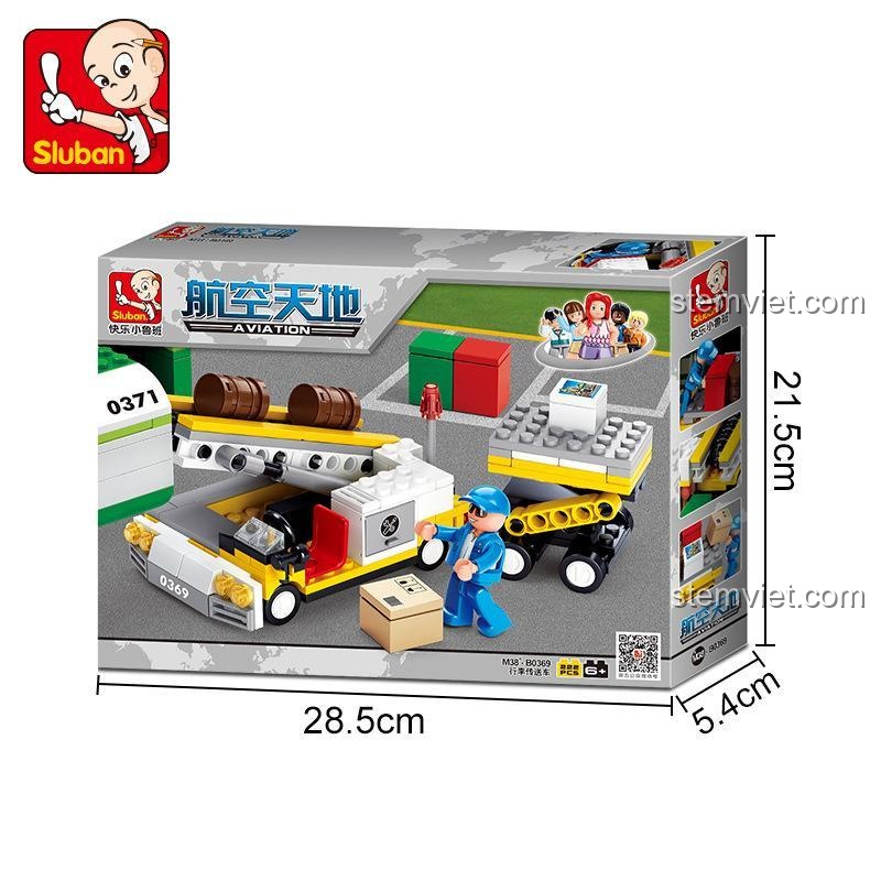 Hộp sản phẩm bộ xếp hình Mô hình Xe Sân Bay Sluban 369, quà tặng cho bé trai.