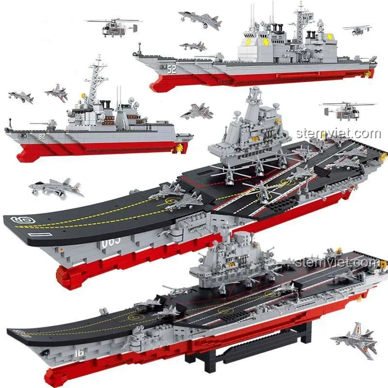 Mô hình lắp ráp Sluban M38-B0388 Tàu Sân Bay Liêu Ninh 1881 mảnh hoành tráng, chi tiết với máy bay và trực thăng đi kèm.