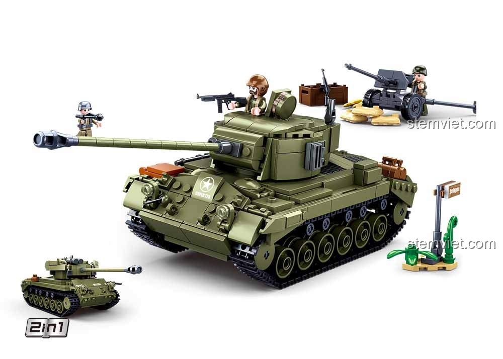 Đồ chơi mô hình Sluban M38-B0631, xe tăng sa mạc và lính, rèn luyện kỹ năng giải quyết vấn đề cho bé trai 6 tuổi.