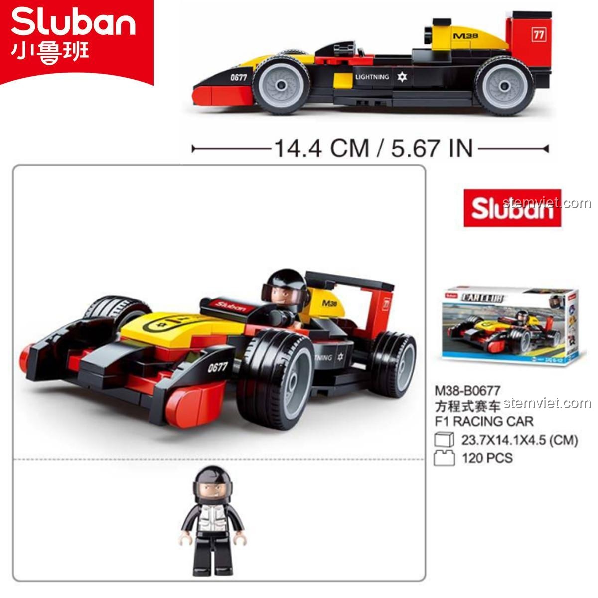 Hộp bộ lắp ghép Sluban M38-B0677 Xe Đua Công Thức 1 với kích thước mô hình 14.4cm, 120 mảnh ghép, dành cho bé trai 6 tuổi trở lên.