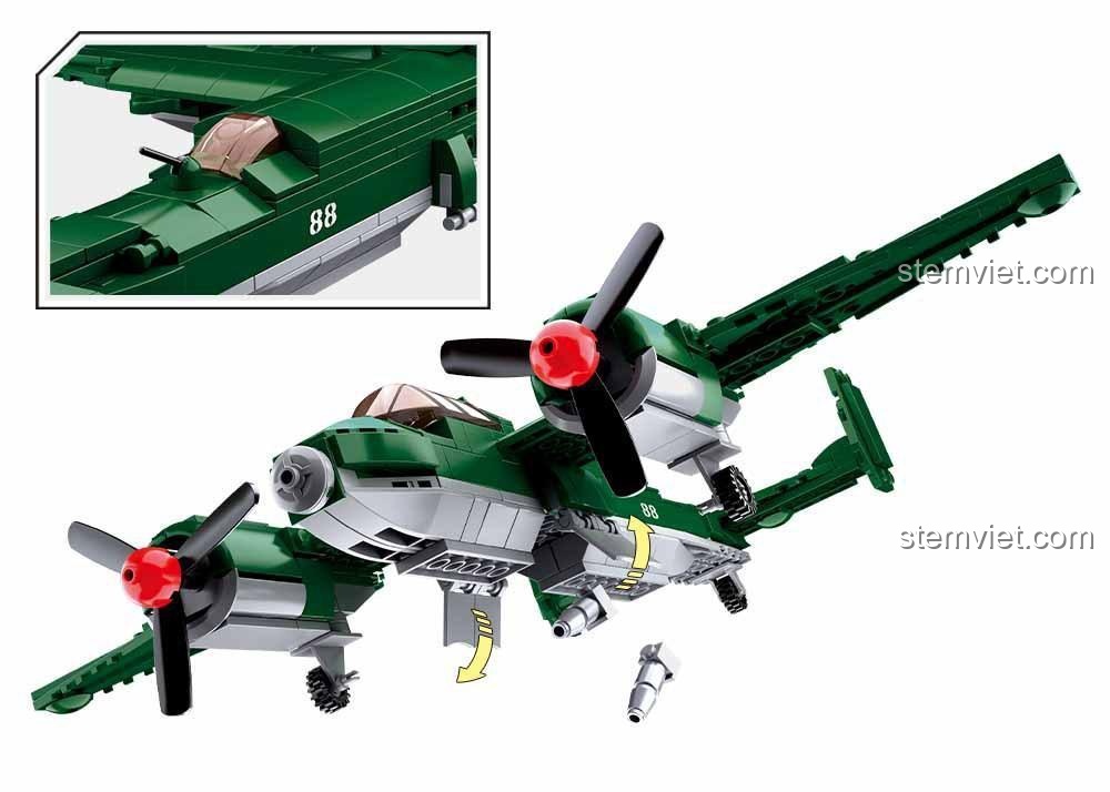 Bộ lắp ráp Máy bay ném bom TU-2 M38 B0688 có tính năng bắn đạn, đồ chơi mô hình máy bay quân sự cho bé trai, rèn luyện tư duy.